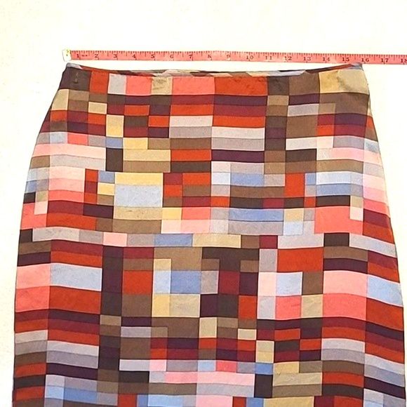 BCBGMaxAzria Straight Silk Long Skirt Below Knee Geometric Patchwork Ruffle Hem - Picture 9 of 16